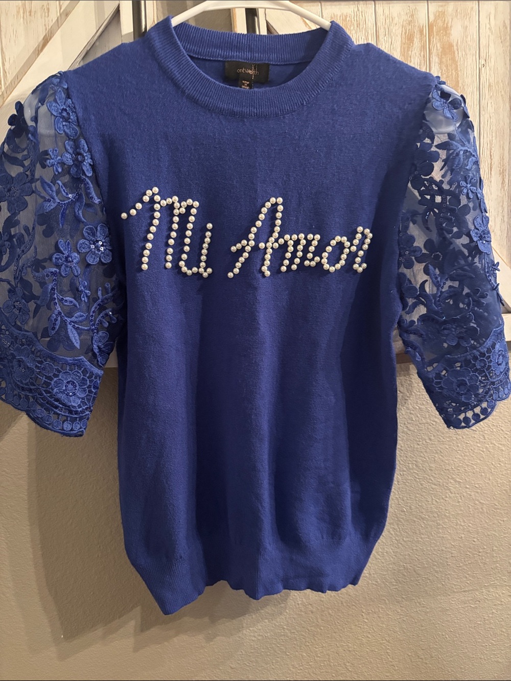 Mi Amor Pearl Script Lace-Sleeve Sweater - Blue